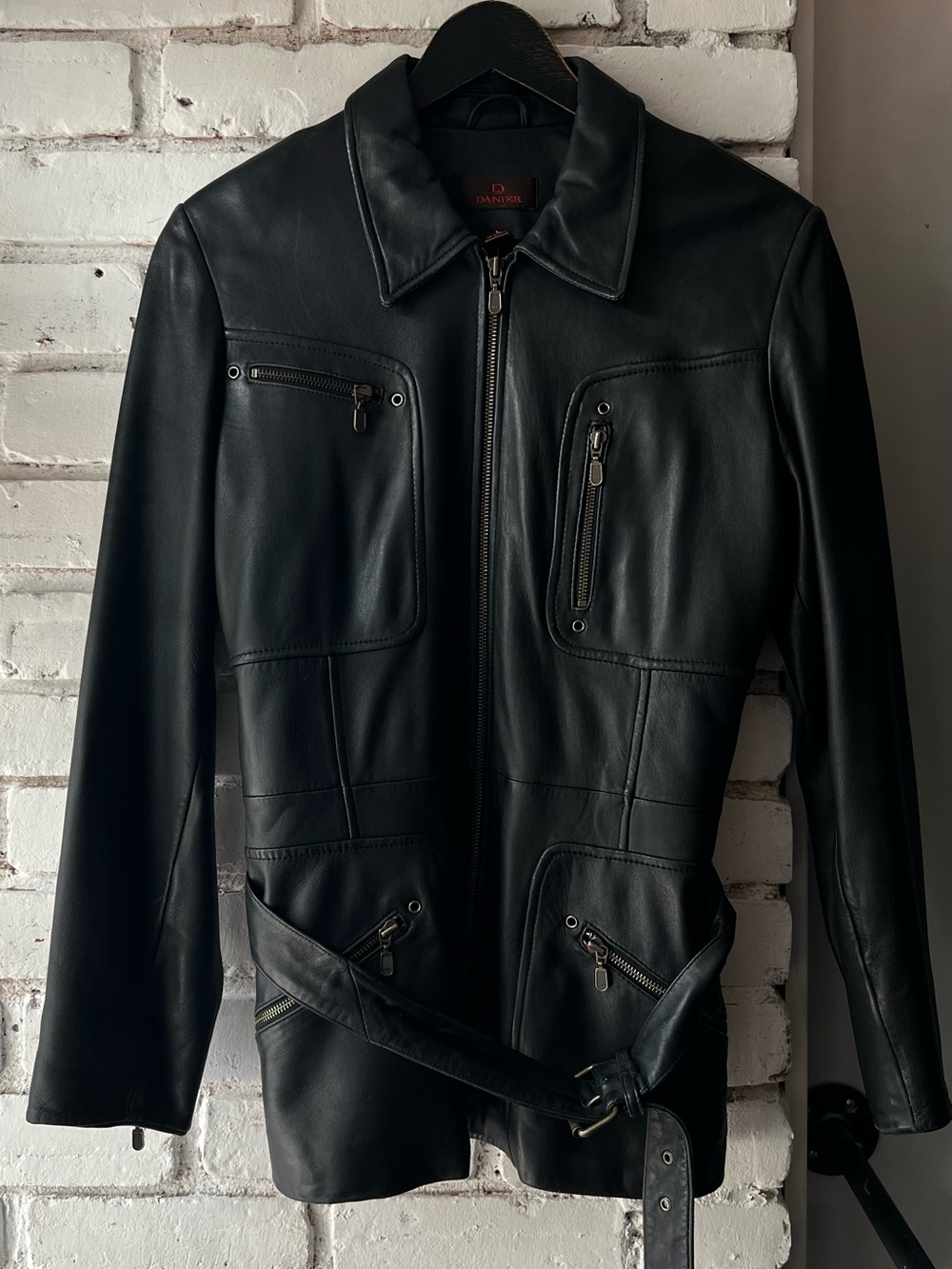 Danier Black Leather Bomber-Style Zip Jacket with Belt collared utility leather
